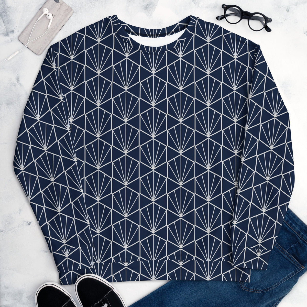 Navy crewneck sweatshirt with white geometric fan lines pattern, laid flat