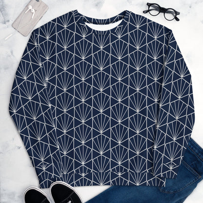 Navy crewneck sweatshirt with white geometric fan lines pattern, laid flat