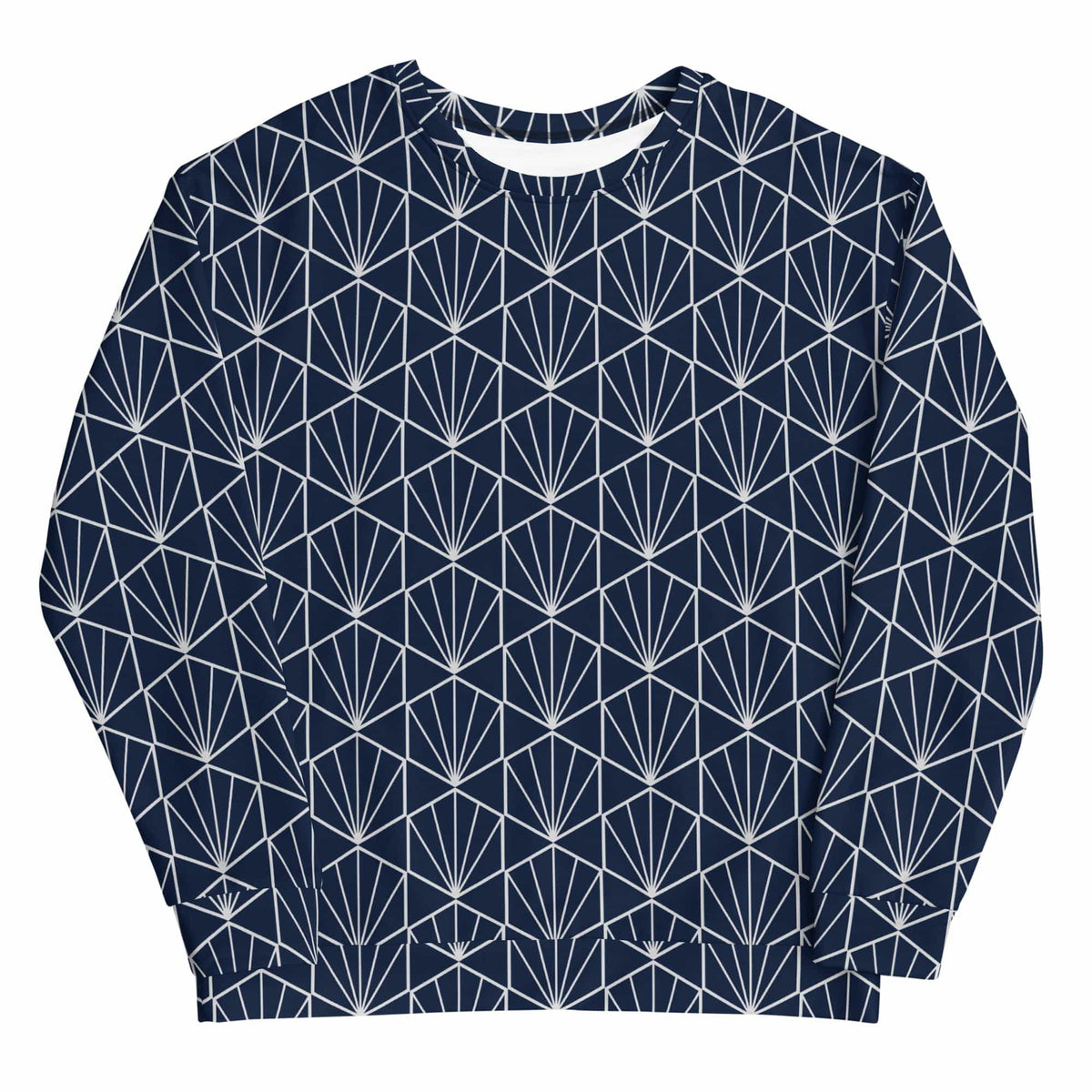 Navy sweatshirt with white geometric fan line pattern, crew neck and long sleeves