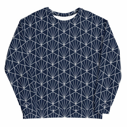 Navy sweatshirt with white geometric fan line pattern, crew neck and long sleeves