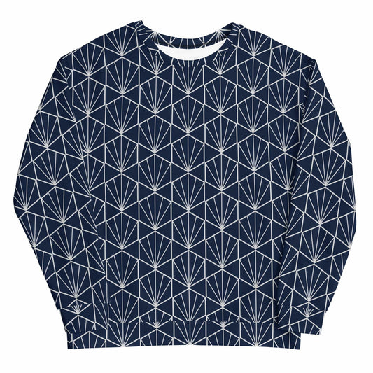 Navy sweatshirt with white geometric fan line pattern, crew neck and long sleeves
