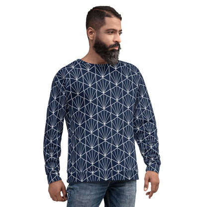 Navy sweatshirt with white geometric fan pattern, crew neck and long sleeves