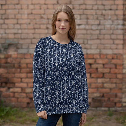 Navy crewneck sweatshirt with white geometric pattern, long sleeves on model