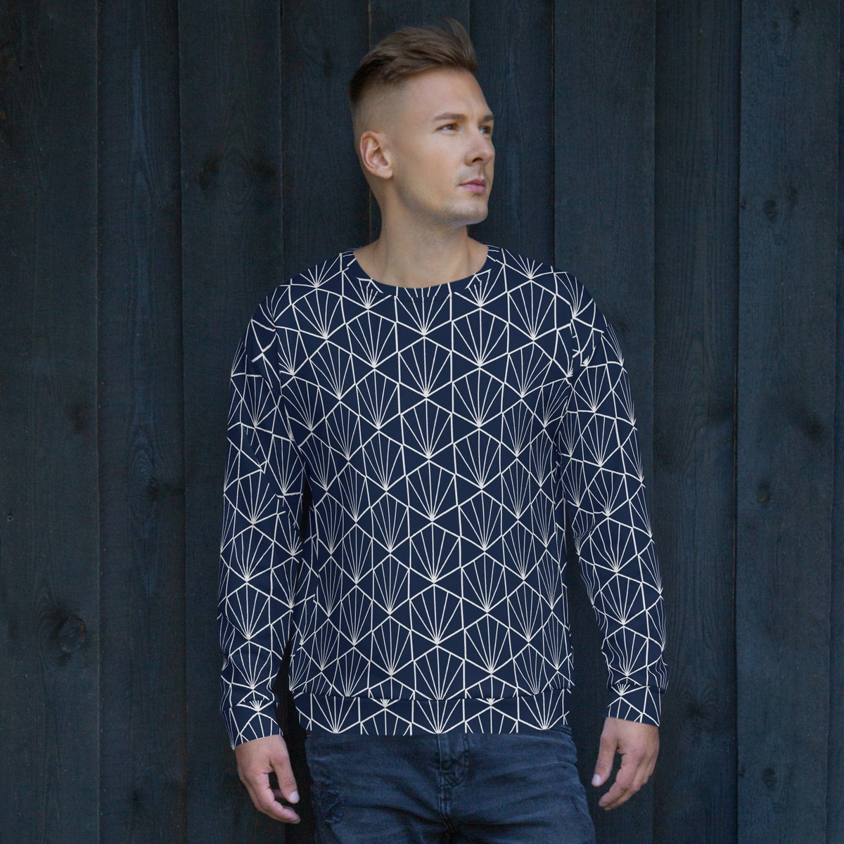 Navy sweatshirt with white geometric fan pattern, crew neck and long sleeves