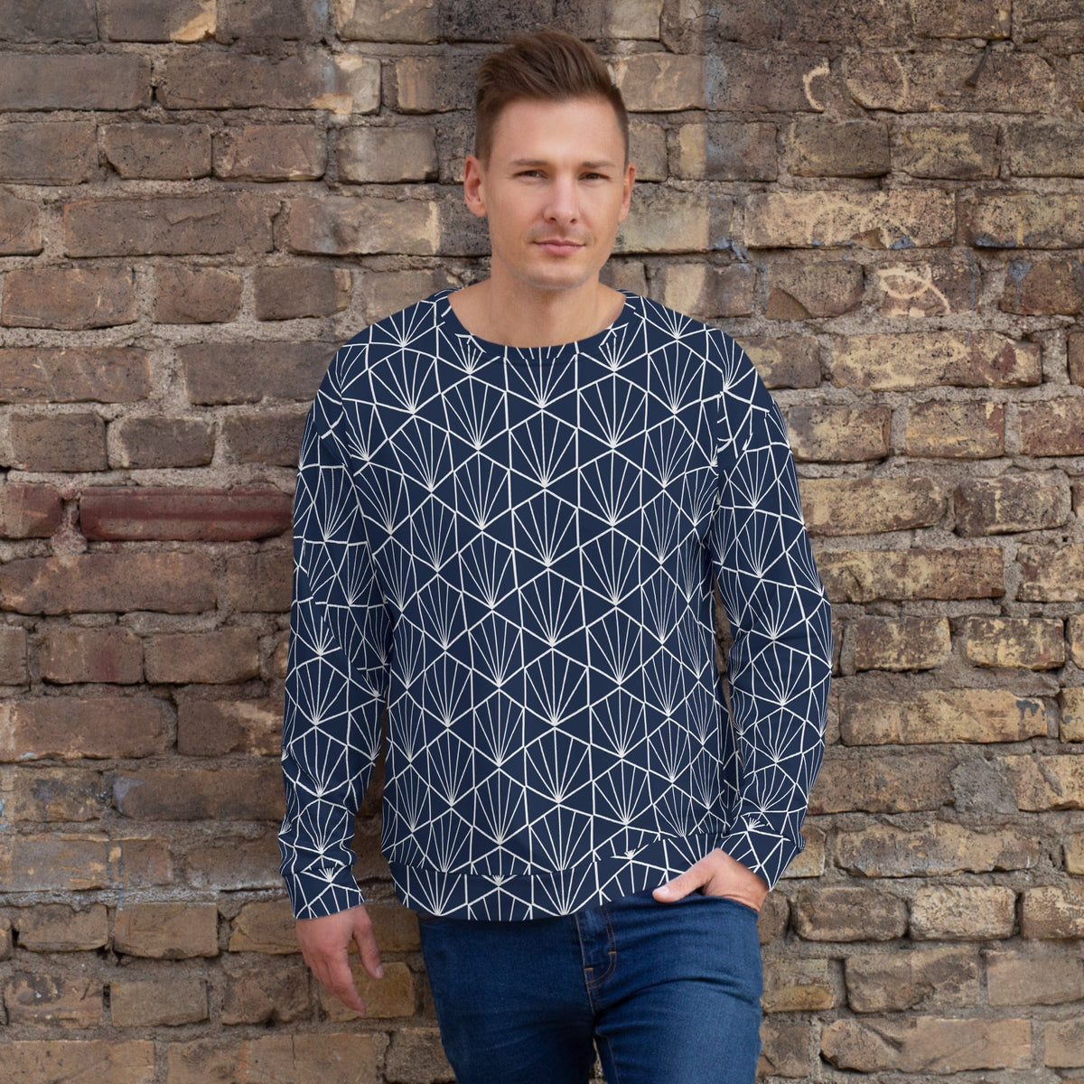 Navy crewneck sweatshirt with white geometric line pattern, long sleeves on model