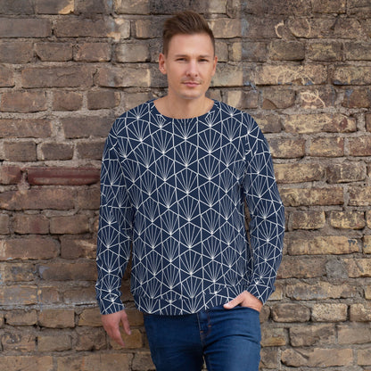 Navy crewneck sweatshirt with white geometric line pattern, long sleeves on model