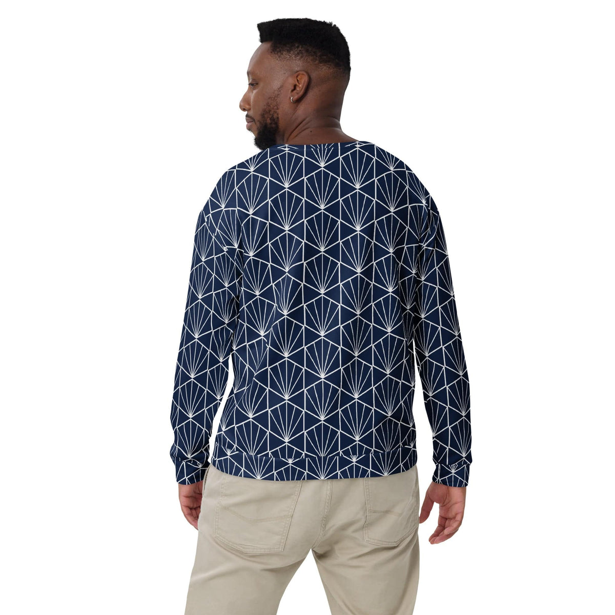Navy sweatshirt with white geometric fan pattern, crew neck, long sleeves