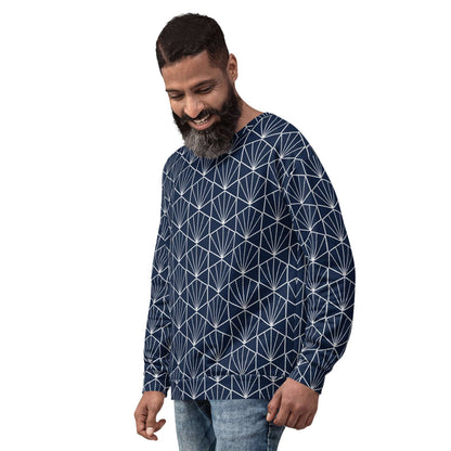 Navy sweatshirt with white geometric fan line pattern, crew neck and long sleeves