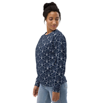 Navy crewneck sweatshirt with white geometric pattern, long sleeves on model