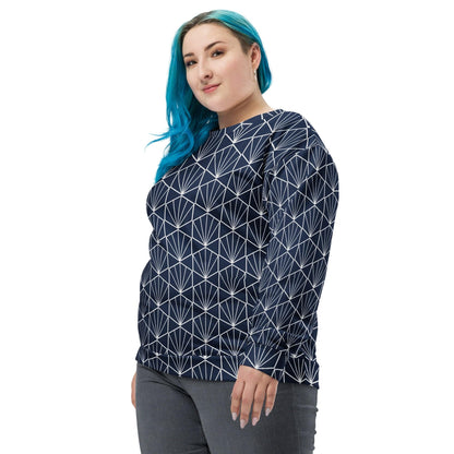 Navy crewneck sweatshirt with white geometric line pattern, long sleeves on model