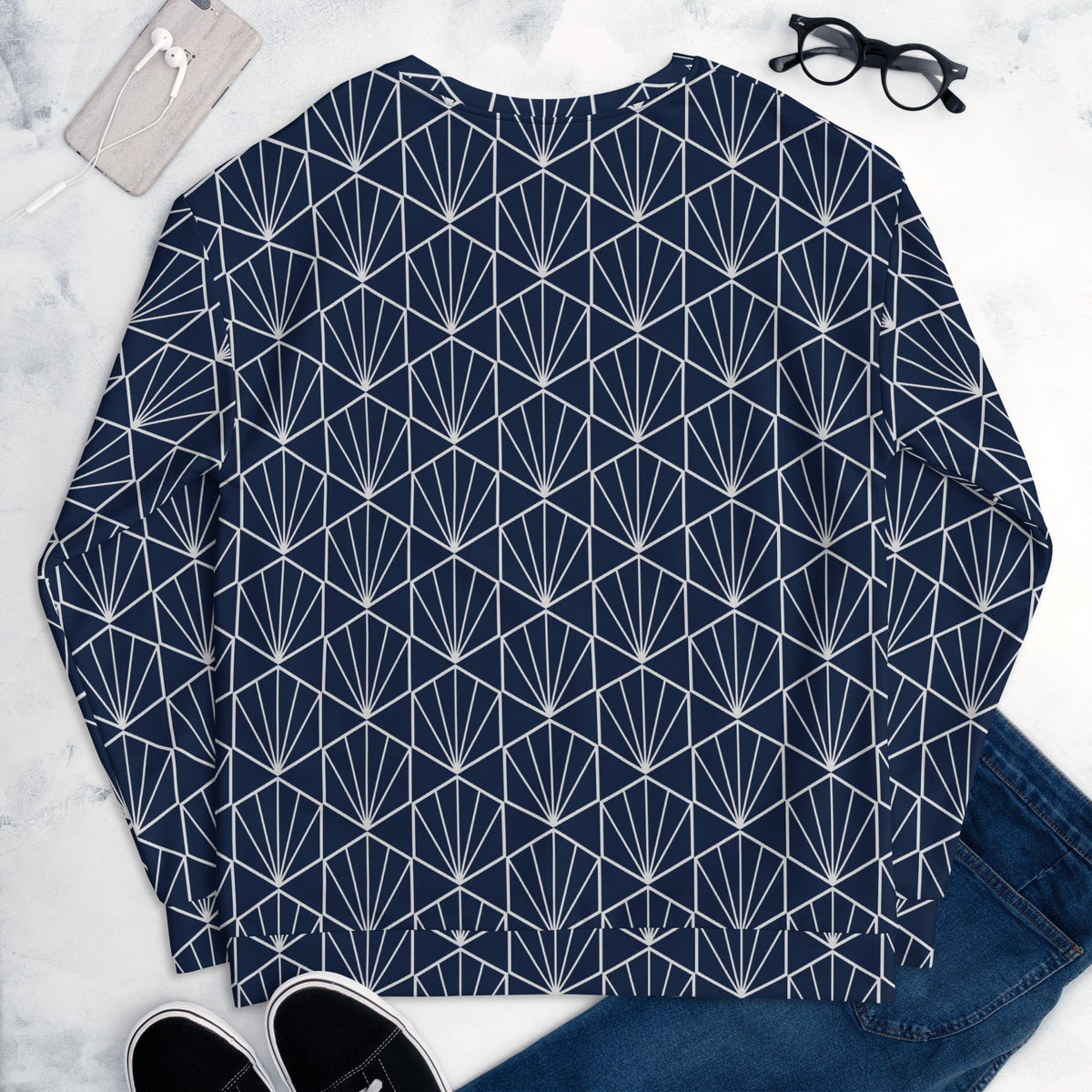 Navy crewneck sweatshirt with white geometric fan pattern, long sleeves