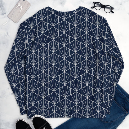 Navy crewneck sweatshirt with white geometric fan pattern, long sleeves