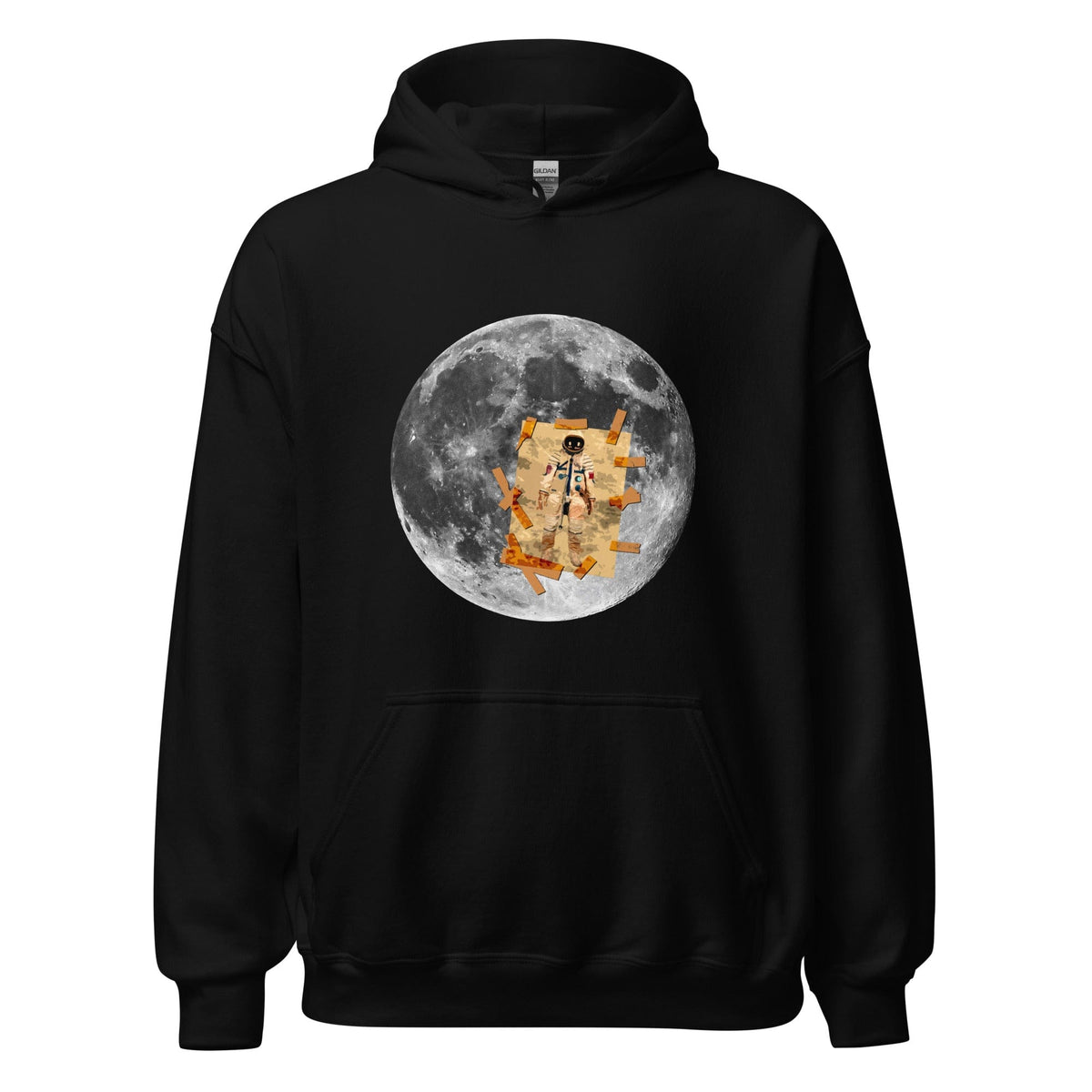 Black hoodie with front kangaroo pocket, hood, and moon astronaut graphic on chest