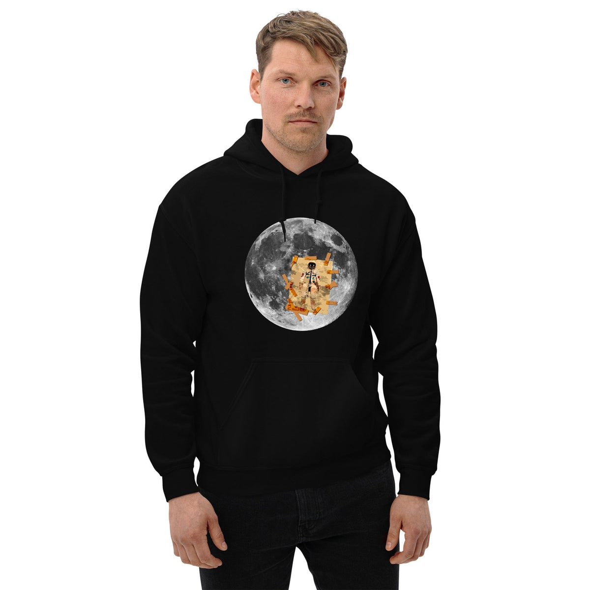 Black pullover hoodie with hood and kangaroo pocket, moon astronaut graphic on chest