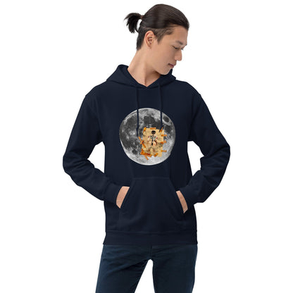 Navy hoodie with front kangaroo pocket, hood, and circular moon astronaut graphic