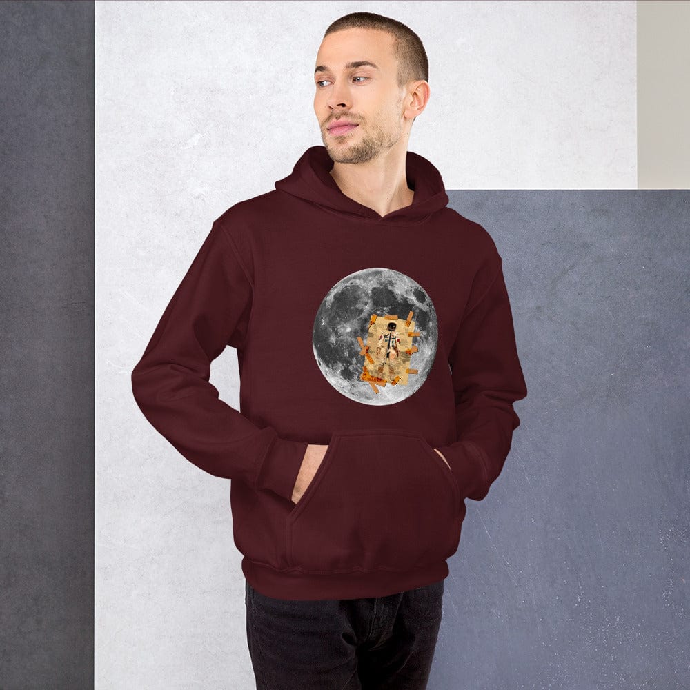 Maroon hoodie with hood and kangaroo pocket, moon astronaut graphic on chest