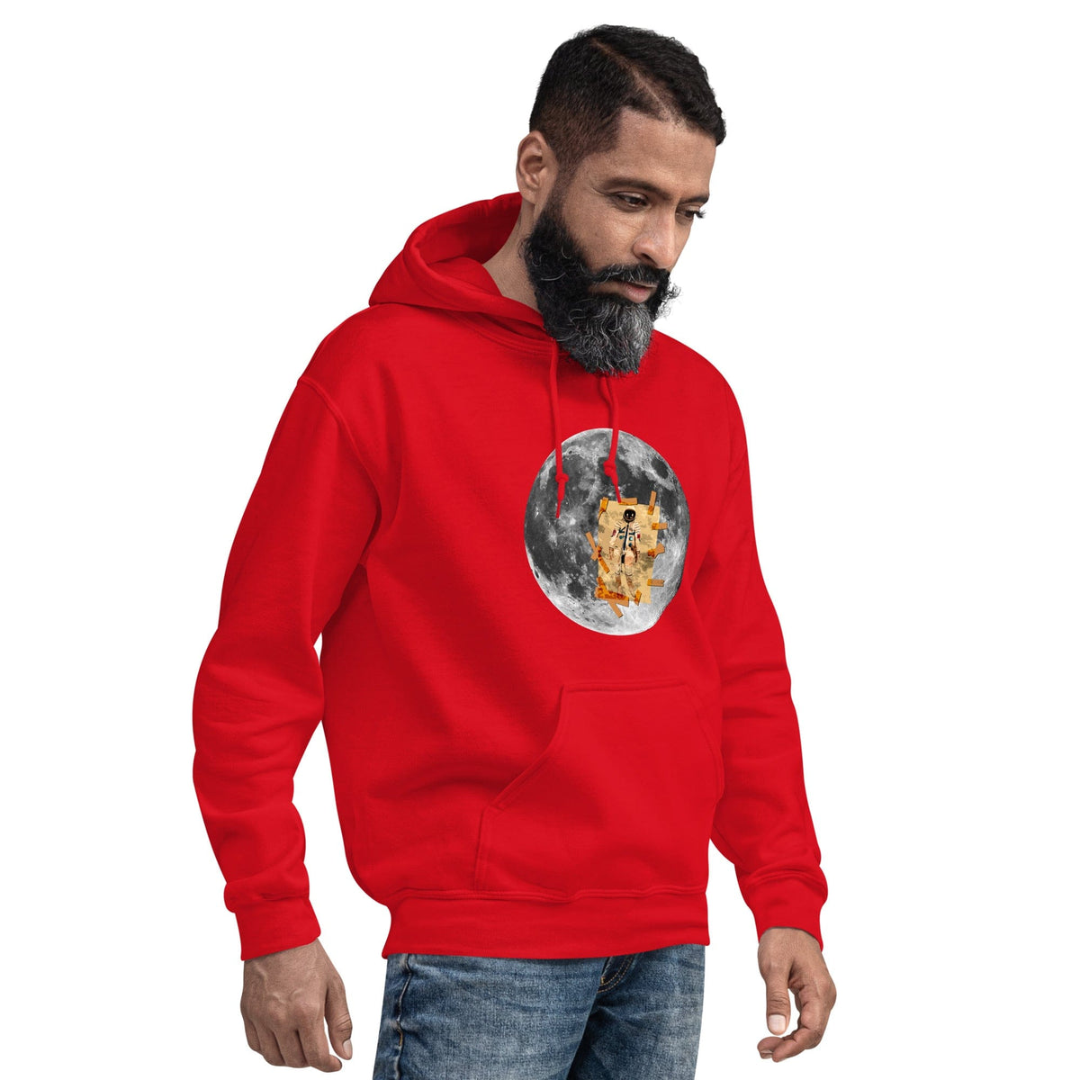 Red hoodie with hood and kangaroo pocket, featuring a moon astronaut graphic on chest