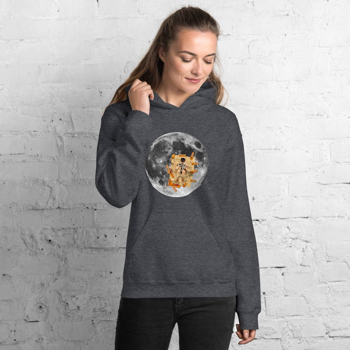 Dark gray hoodie with hood and kangaroo pocket, moon astronaut graphic on chest