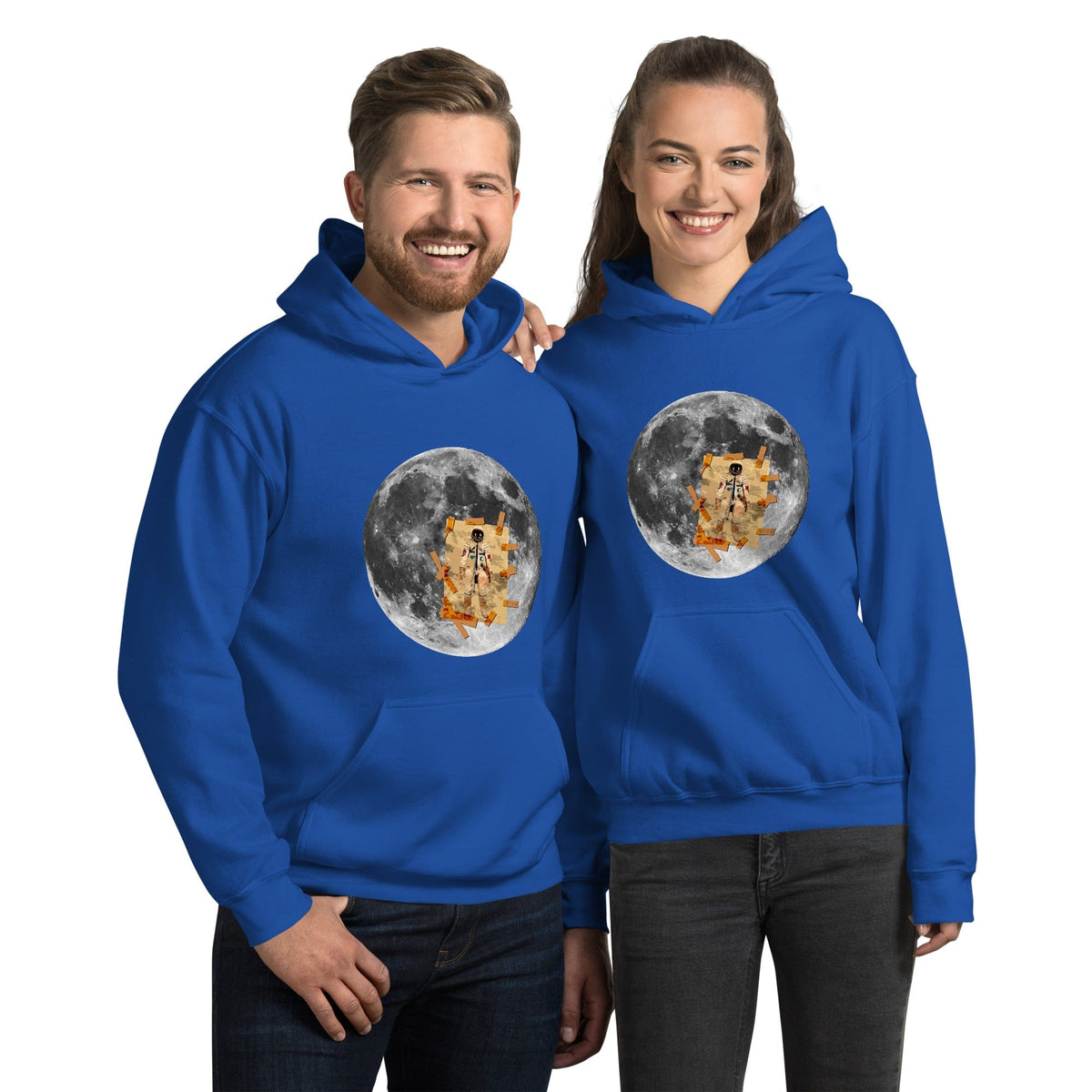 Royal blue hoodie with hood and kangaroo pocket, moon astronaut graphic on chest