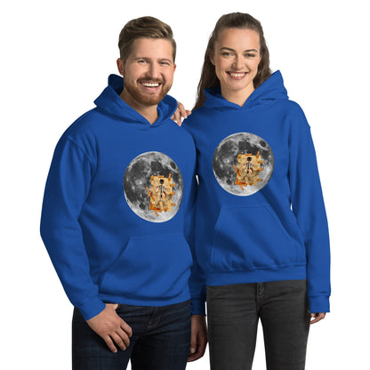 Royal blue hoodie with hood and kangaroo pocket, moon astronaut graphic on chest