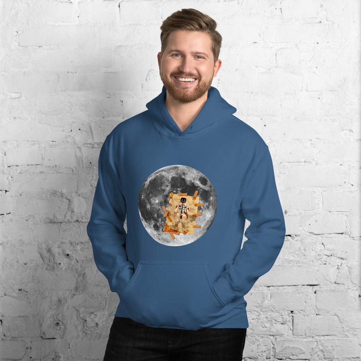 Blue hoodie with hood and kangaroo pocket, moon astronaut graphic on chest