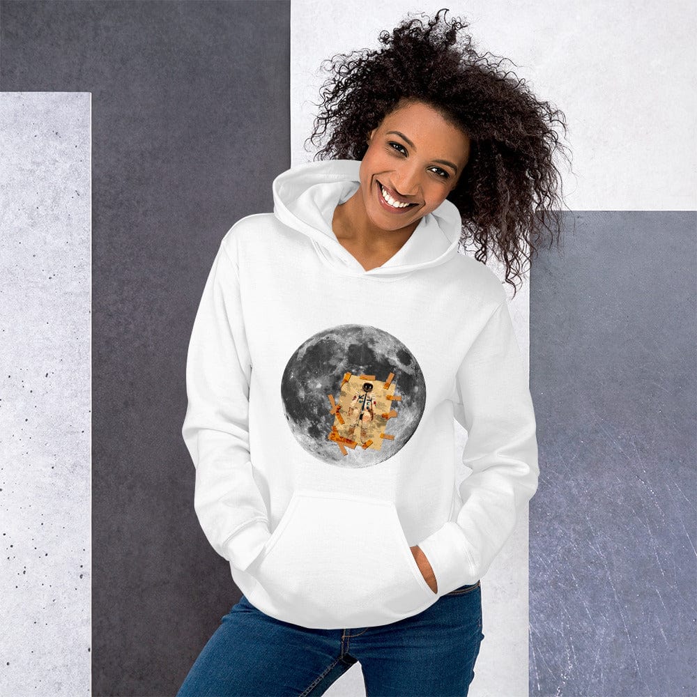 White hoodie with front kangaroo pocket, hood, and circular moon astronaut graphic