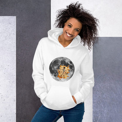 White hoodie with front kangaroo pocket, hood, and circular moon astronaut graphic
