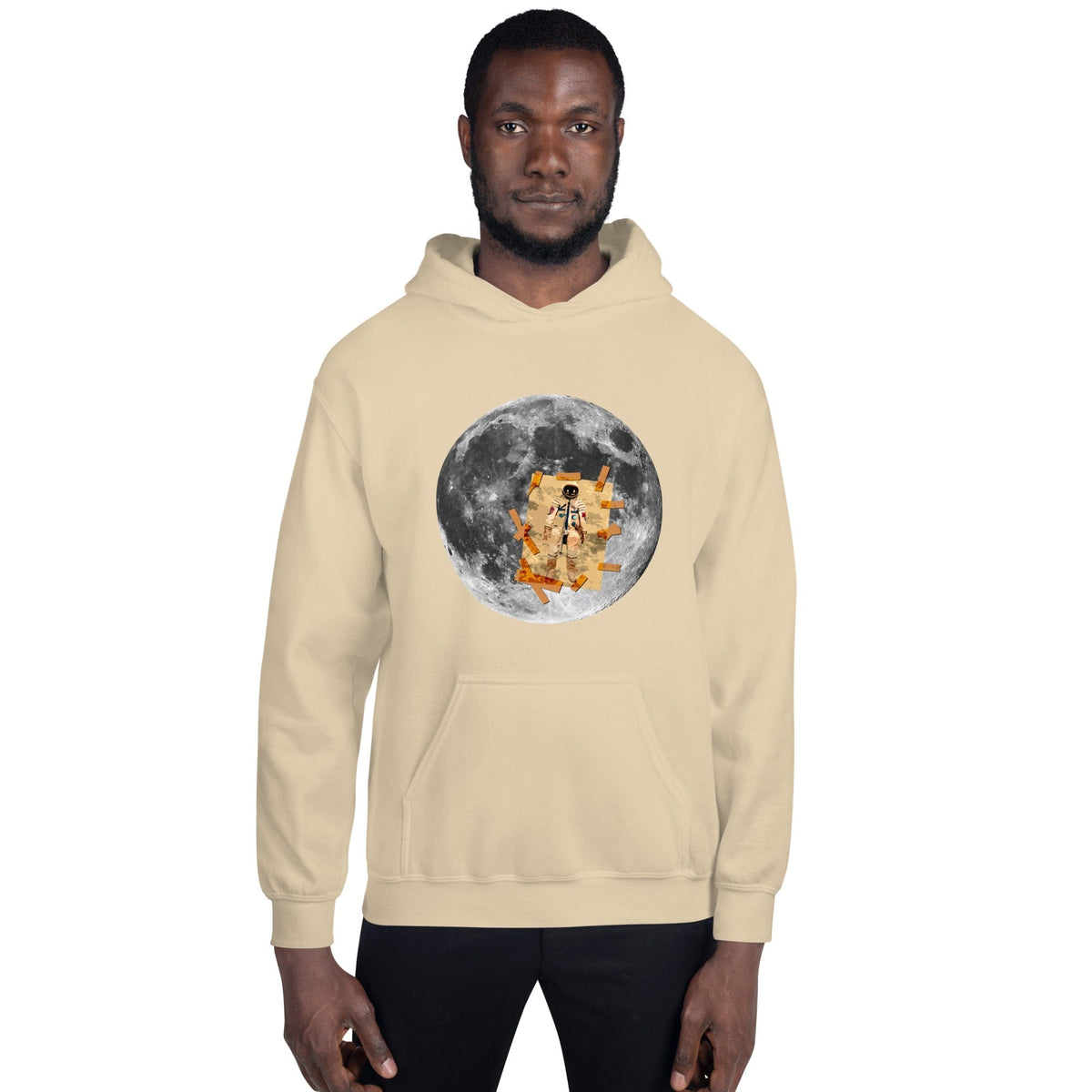 Light sand hoodie with hood and kangaroo pocket, moon astronaut graphic on chest