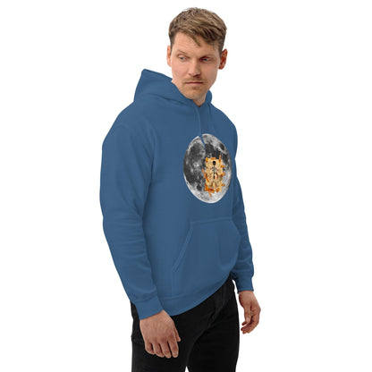 Blue hoodie with front kangaroo pocket, hood, and circular moon astronaut graphic