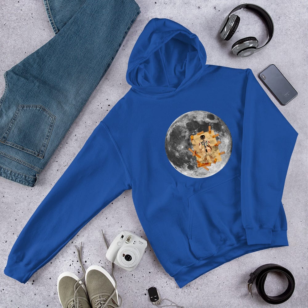 Blue hoodie with front kangaroo pocket, hood, and moon astronaut graphic on chest