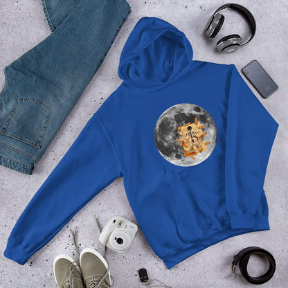 Blue hoodie with front kangaroo pocket, hood, and moon astronaut graphic on chest