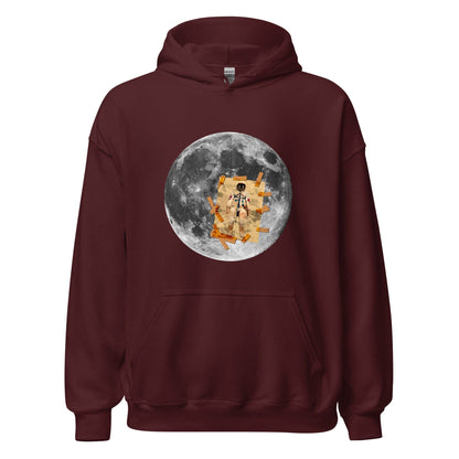 Maroon hoodie with front kangaroo pocket, hood, and circular moon astronaut graphic