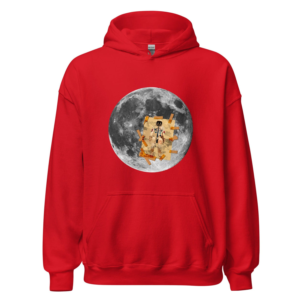 Red hoodie with front kangaroo pocket, hood, and circular moon astronaut graphic