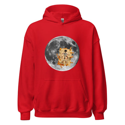 Red hoodie with front kangaroo pocket, hood, and circular moon astronaut graphic