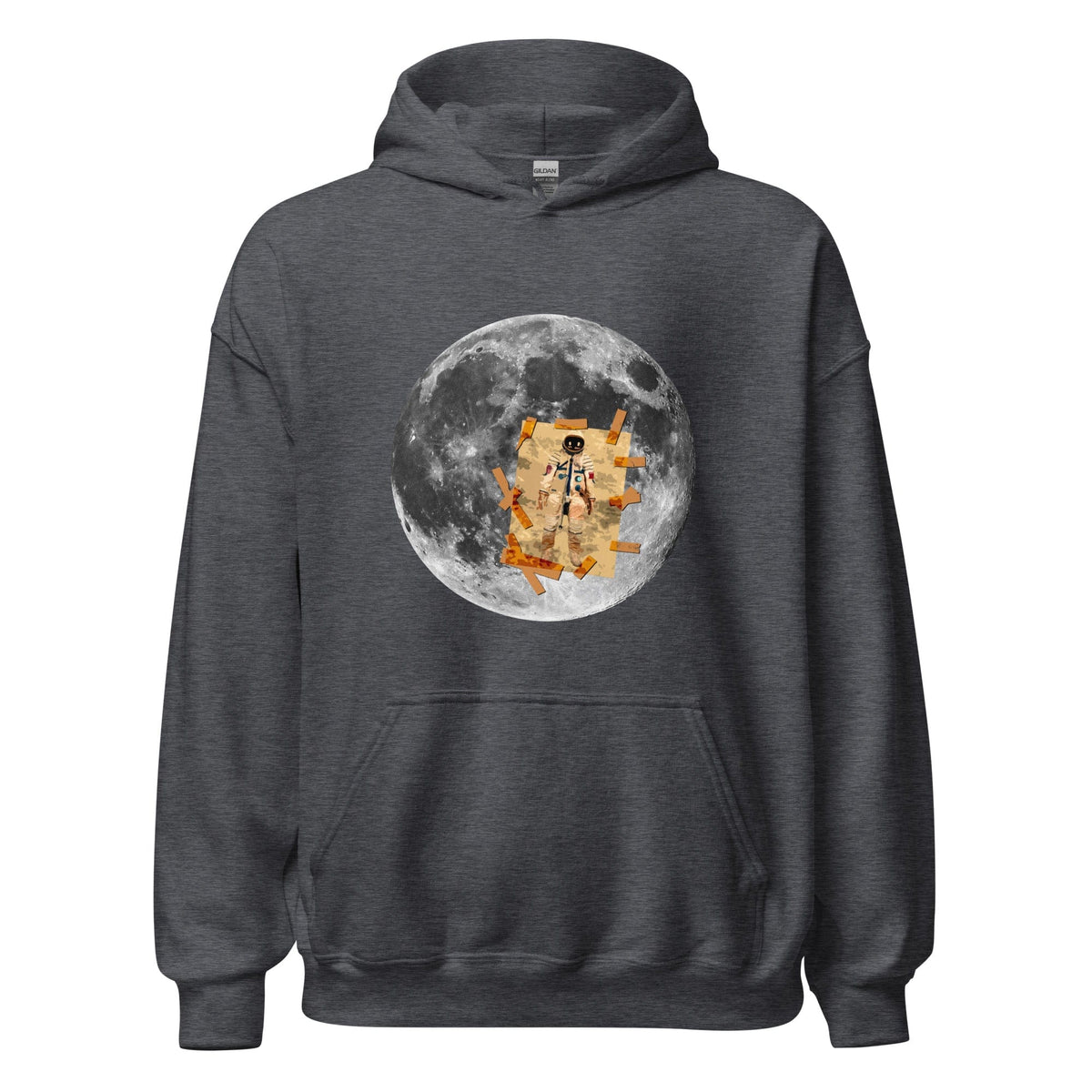 Dark gray heather hoodie with front kangaroo pocket, hood, and circular moon astronaut graphic