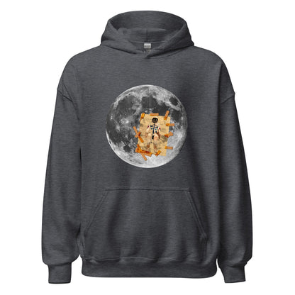 Dark gray heather hoodie with front kangaroo pocket, hood, and circular moon astronaut graphic