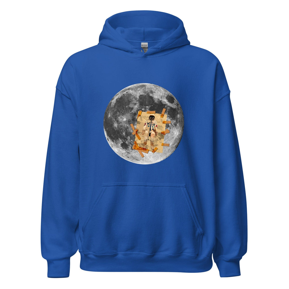 Royal blue hoodie with front kangaroo pocket, hood, and circular moon astronaut graphic