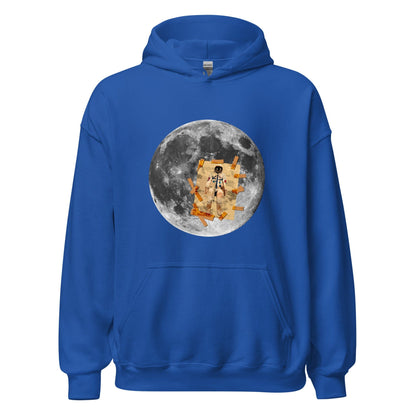 Royal blue hoodie with front kangaroo pocket, hood, and circular moon astronaut graphic