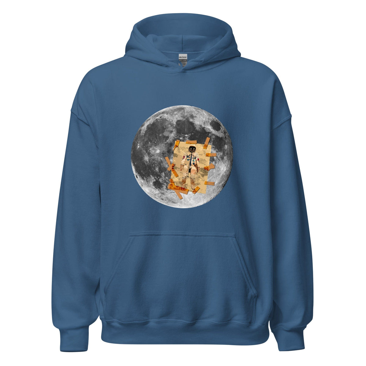 Blue hoodie with kangaroo pocket; moon and astronaut graphic on chest.