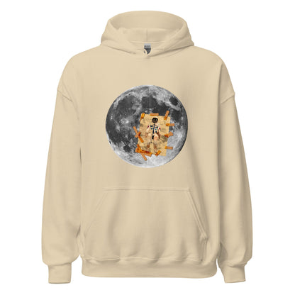 Beige sand hoodie with kangaroo pocket; moon and astronaut graphic on chest.