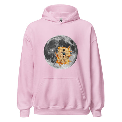 Light pink hoodie with kangaroo pocket; moon and astronaut graphic on chest.