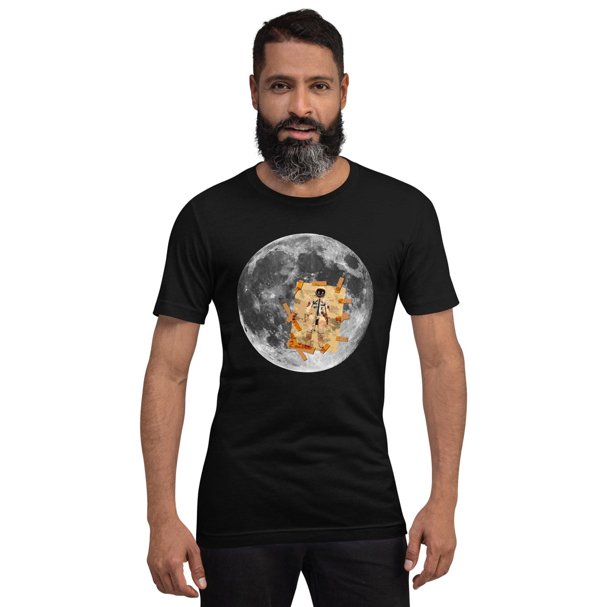 Black T-shirt with circular astronaut on the moon graphic
