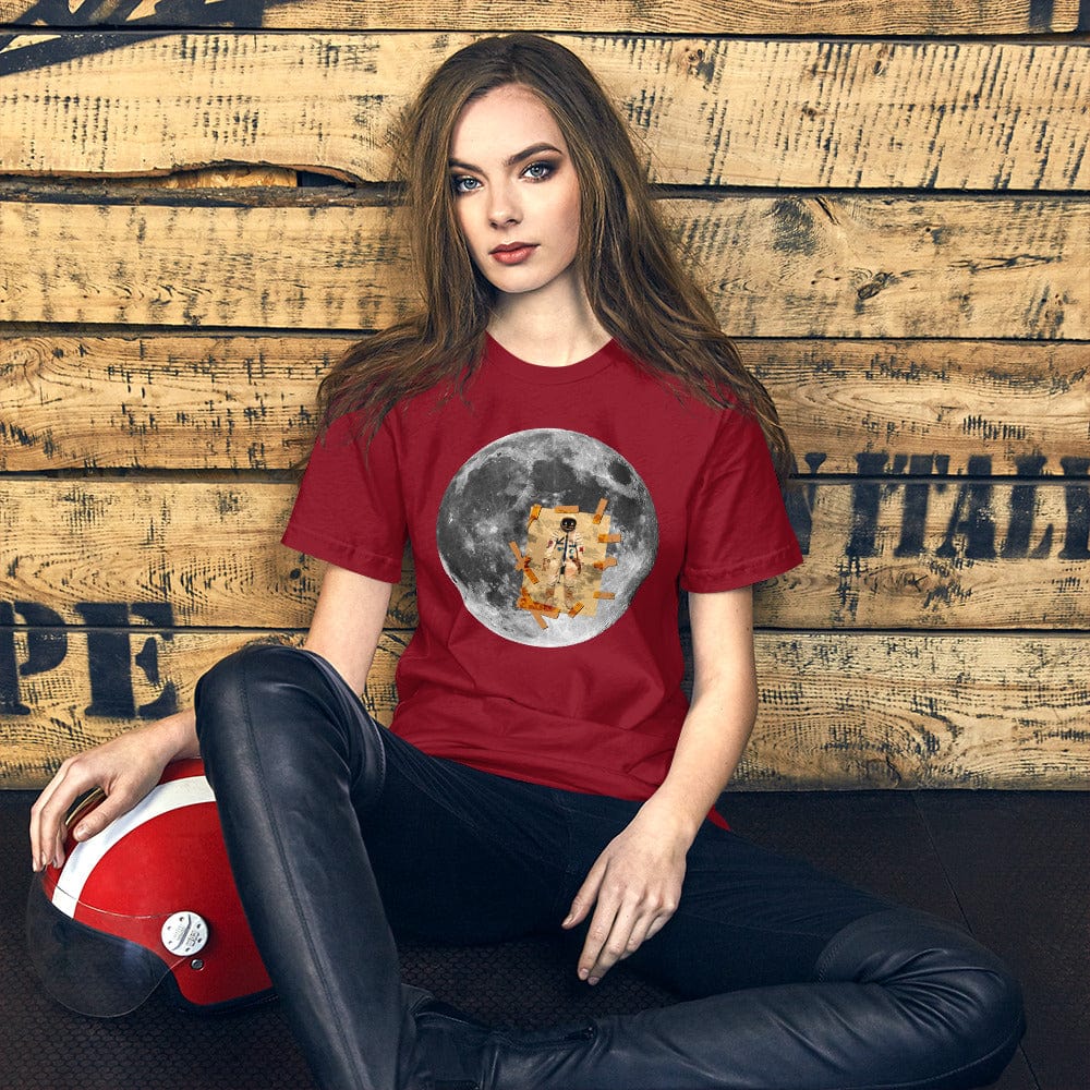 Red T-shirt with circular astronaut on the moon graphic