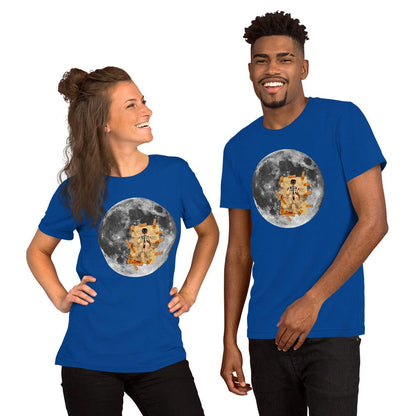 Blue T-shirt with circular astronaut on the moon graphic