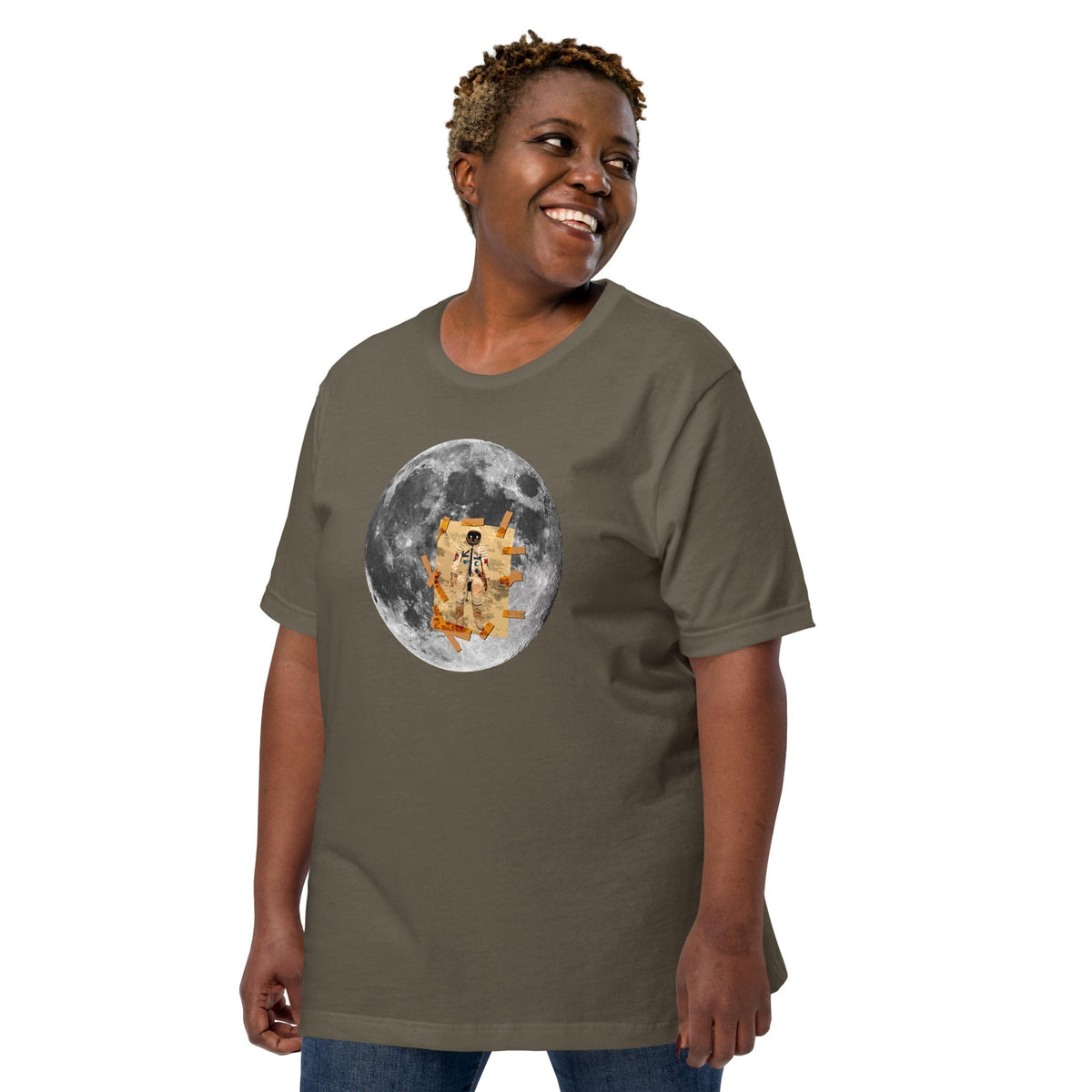 Olive T-shirt with circular astronaut on the moon graphic