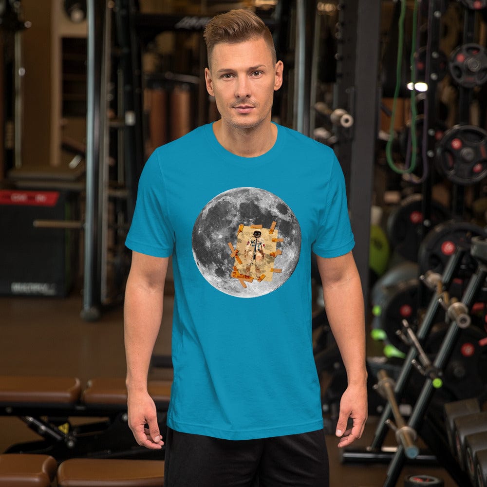 Teal T-shirt with circular astronaut on the moon graphic