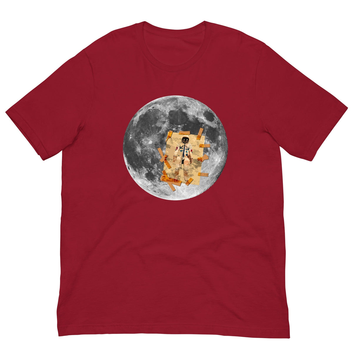 Cardinal red T-shirt with circular moon astronaut graphic at center