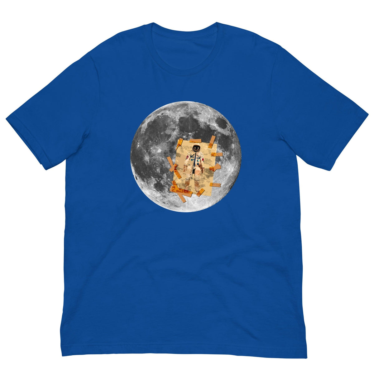 True royal blue T-shirt with circular moon astronaut graphic at center