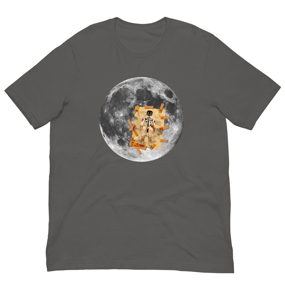 Asphalt gray T-shirt with circular moon astronaut graphic at center