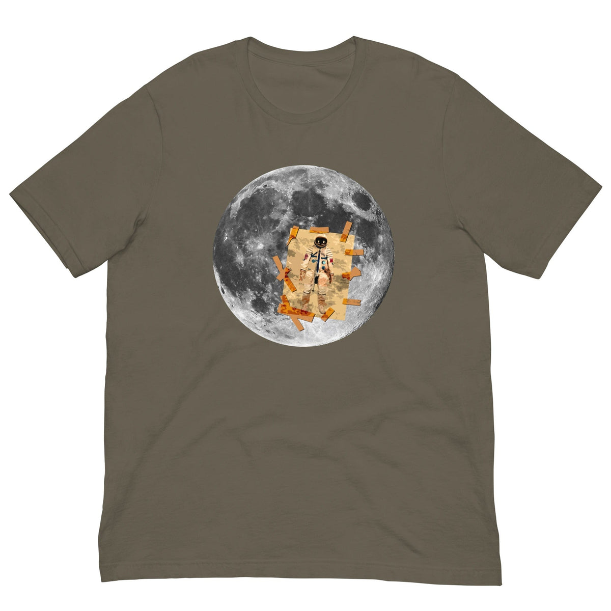 Army green T-shirt with circular moon astronaut graphic at center
